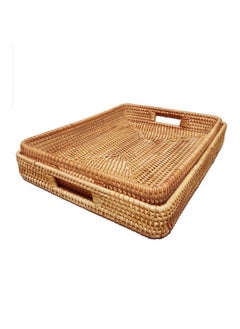 Buy Set of 2 Hand-Woven Rattan Storage Basket with Handles, Rectangle Food Serving Tray, Imitation Rattan Tray for Kitchen Counter, Living Room, Bathroom, Outdoor Activities, 2 Sizes in Saudi Arabia