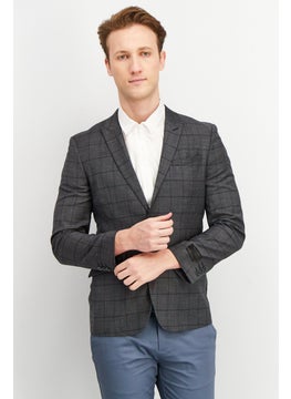 Buy Men Slim Fit Plaid Formal Blazer, Grey in UAE