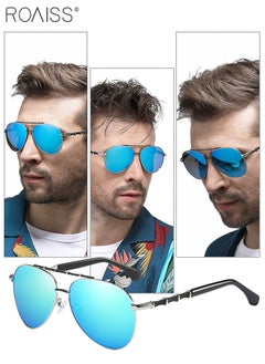 Buy Men's Aviator Polarized Sunglasses, UV400 Protection Sun Glasses with Bamboo Pattern Decoration, Fashion Anti-Glare Sun Shades for Men Driving, Fishing, Traveling, Silver Blue, 55mm in Saudi Arabia