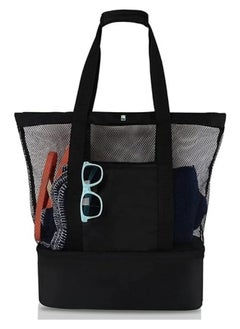 Buy Double Mesh Beach Tote Bag with Zipper Picnic Cooler Insulated Leak Proof Outdoor Gym Swimming Pool Bag- Black in Egypt