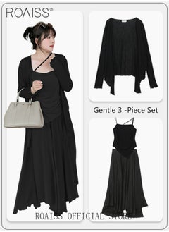 Buy 3-Piece Women Skirt Suit Summer Skirt Japanese-Style Pleated Three-Piece Suit Women's Short-Sleeved Wrap V-Neck Blouse Flared Skirt Light Cardigan Suit in UAE