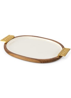 Buy Damask Large Wooden Oval Tray, White & Gold - 53x36 cm in UAE