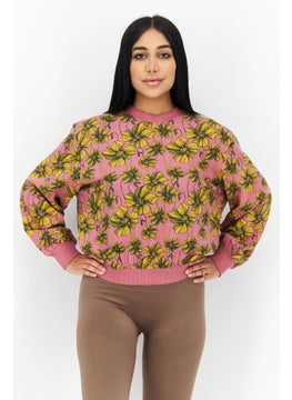 Buy Women Crew Neck Floral Print Long Sleeve Sweatshirt, Pink/Yellow in Saudi Arabia