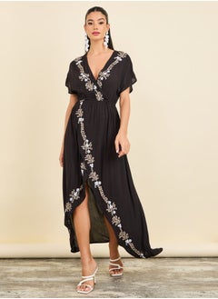 Buy Embroidered Asymmetric Hem A-Line Midi Dress in Saudi Arabia