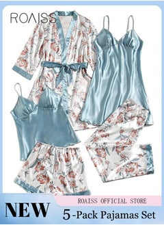 Buy 5-Pack Women's Pajama Sets Sling with Chest Pad Nightdress Sweet Sleepwear Home Wearing Clothes Suits Ladies Floral Printing Nightwear Lingerie Robe Underwear Shorts Summer Spring Blue in Saudi Arabia