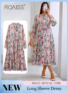 Buy Ladies Dress A-Line Long Sleeves Big Hem Floral Pattern Vintage Print Multilayer in Saudi Arabia