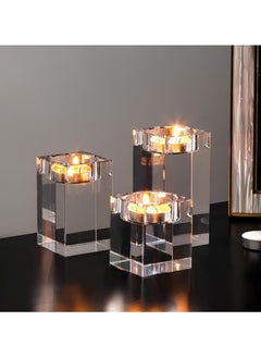 Buy Crystal Candle Holders Set of 3 Clear Tea Light Candle Holders Square Candle Stand Glass, Two Sizes (4cm & 6cm & 8cm) and (8cm & 10cm & 12cm) in UAE