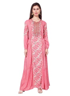 اشتري THREAD EMBROIDERY LONG VISCOSE PRINTED PINK COLOUR STYLISH ELEGANT ARABIC KAFTAN JALABIYA DRESS في السعودية