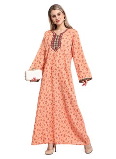 Buy LONG VISCOSE PRINTED AND NECK EMBROIDERED STYLISH ARABIC KAFTAN JALABIYA DRESS in UAE