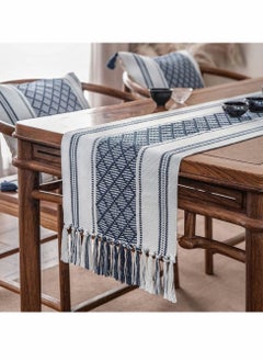 اشتري Table Runner, Moroccan Boho Burlap Table Runner, Tufted Tassels for Wedding, Birthday Parties, Banquets, Engagements, Bridal Shower, Rustic Farmhouse Dining Table Décor-Blue, 14 X 72 in في الامارات