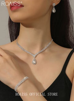 اشتري 4 Pcs Rhinestone Necklace Earrings Bracelet Set Drop-Shaped Pendant V-Neck Chain Ear Dangle Bridal Evening Dress Accessories for Women في السعودية
