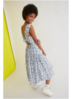 Buy Blue Waist Opening Midi Woven Back Detail Flower Patterned Woven Dress TWOSS21EL0709 in Egypt