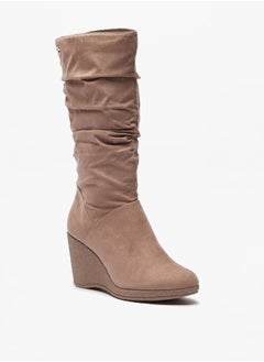 Buy Women Ruched High Shaft Boots with Wedge Heels in Saudi Arabia