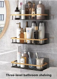 اشتري 3-Pieces Bathroom Shelf High Quality Aluminum Hollow Out Design Easy Installation Black/Gold 30 x 13 x 4.7 Centimeter في الامارات