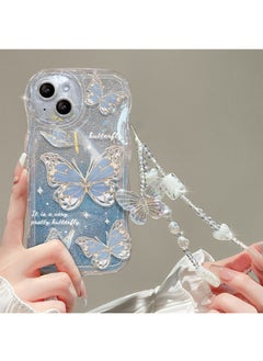 Buy iPhone 15 Case cover butterfly Pattern with camera len protector Beaded Lanyard Wrist anti-drop Strap for Women Girls, Soft TPU Full Protective Cover back comfortable touch feeling accessory in Saudi Arabia