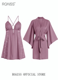 Buy 2 Piece Nightgown Set Women's Sweet Halter Nightdress Lace Lingerie Sleepwear Home Dress Set Romantic Elegant Pajamas Ladies Spring Autumn Robe Loungewear in Saudi Arabia