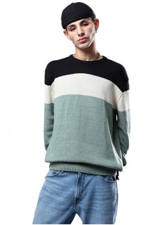 اشتري Tri-tone Knitted Relaxed Pullover - Black, Off-White & Mint في مصر