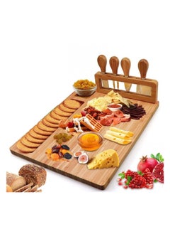 Buy Bamboo Cheese Board Set, Cheese Tray, Charcuterie Board and Serving Meat Platter with 4 Stainless Steel Cheese Knives, Ideal for Wedding Gifts Birthday Party (14''x11'') in UAE