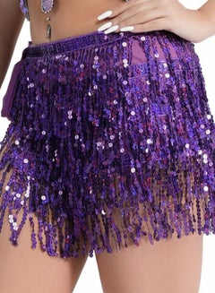 Buy Sequin Fringe Waist Chain Skirt Sparkly Belly Dance Tassel Waist Wrap Belt Skirts Party Rave Costume Purple in UAE