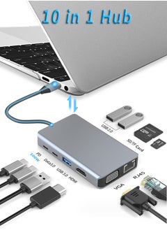 اشتري 10 in 1 USB C Hub,USB C Docking Station,  Double Display Multiport Adapter with 4K HDMI VGA ,  USB C PD 100W charging and USB C Data 3.0, 3 USB Ports, RJ45, SD/TF Slots for Macbook/Laptop/Smartphone في الامارات