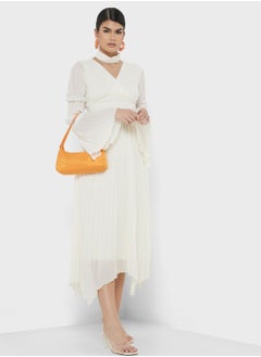 Buy Pleated Dress With Surplice Neck in UAE