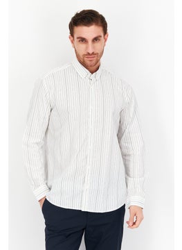 Buy Men Regular Fit Stripe Print Long Sleeve Casual Shirt, White/Black in Saudi Arabia