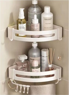 اشتري 2-Pcs Set Metal Material Bathroom Shelf Shower Shampoo Organizer Wall Mounts Storage Rack Tape Hook  White 30x21.5x4.5 CM في الامارات