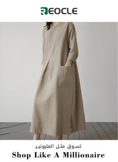 Buy New Long-sleeved Women's Dress Cotton Linen Dress Spring Round Neck Elegant Dress Women's Casual Fashion Holiday Sundress in UAE