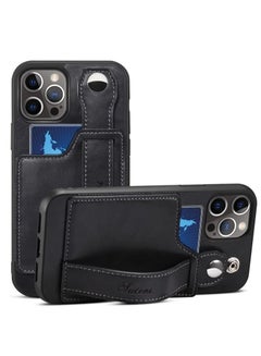 Buy Leather Phone Case for iPhone 14 Pro Max with Card Wallet and Wristband Black in Saudi Arabia