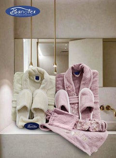 Buy Bath robe set made of 100% cotton fabric consisting of 11 pieces consisting of 1 men's robe 1 women's robe 4 slippers 2 loofahs a hair towel a hair band and a bandana free size in Saudi Arabia