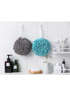 Buy Furry Ball Towel (2 Piece Set) Grey & Blue - Dry Your Hands Immediately, Creative Hand Wipe Set Bathroom Decoration Towel, New Built-in Sponge with Hook (2-Pack) in Saudi Arabia