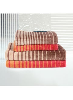 اشتري 4 Piece Bathroom Towel Set BOUNDRY 450 GSM 100% Cotton Velour 2 Bath Towel 70x140 cm & 2 Hand Towel 50x90 cm Red & Brown Color Modern Stripe Design Luxury Touch Extra Absorbent في الامارات