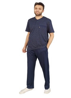 Buy Men Summer Pajama Set Printed Top & Plain Bottom - Navy Blue in Egypt