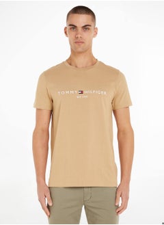 Buy Men's Logo Embroidery Slim Fit T-Shirt -  Pure cotton, Beige in UAE