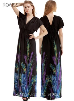 Buy Women's Plus Size Beach Dress Bohemia Style Deep V Neck Feather Printing Loose Short Sleeve Elegant Long Skirt Dresses for Spring Summer Holiday Black in Saudi Arabia