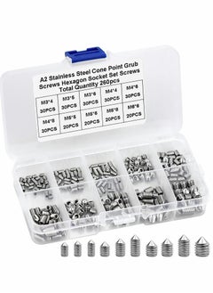 اشتري Stainless Steel Grub Cone Point Hex Socket Screws Set, 260 Pcs Metric Thread Socket Allen Key Cup Point Grub Screw Set with M3 M4 M5 M6 for Door Handles Faucet Light Fixture في الامارات