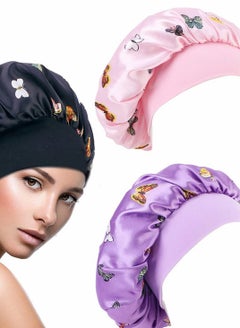 Buy Silk Bonnet Night Sleep Cap No Tight Bathroom Cap Hairdressing Cap Soft and Comfortable Without Hurting Hair for Women Girls Sleeping Hair Care Head Cover Elastic Hat 3PCS in UAE