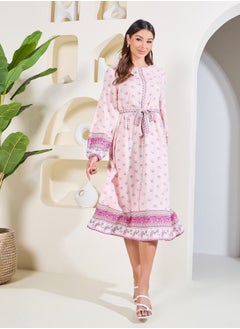 Buy Boho Print A-Line Midi Dress with Waist Tie Up in Saudi Arabia