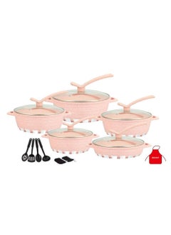 اشتري 17-Pieces Granite Cookware Set Includes Casserole With Lid 24cm, Casserole With Lid 28cm, Casserole With Lid 32cm, Casserole With Lid 28cm, Shallow Casserole 7xCooking Tools Pink/Clear في الامارات