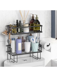 Buy Over The Toilet Storage 2-Tier Bathroom Organizer Shelf with Paper Holder and Hanging Hooks No Drilling Toilet Shelf Space Saver with Wall Mounting Design Easy to Assemble (Black) in Saudi Arabia