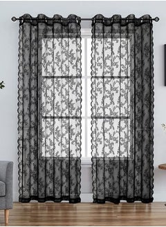 Buy 2-Piece Grommet Rose Lace Light Filtering Sheer Window Curtains for Bedroom Living Room Black in UAE