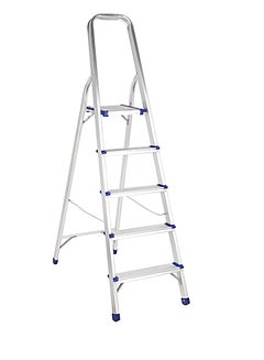 اشتري Aluminum Ladder- EPSAL1492/ 150 kg Capacity, 5-step, Wide and Flat Platform, Anti-Slip Feet with Safety Handrail, Natural Anodized/ Easy Storage, Perfect for Home, Apartments/ Silver في الامارات