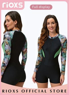 Buy Womens One Piece Swimsuit Long Sleeve Rash Guard UV Protection Printed Bathing Suits Surfing Swimwear Zip Front Wetsuit Swimming Costume Set in UAE