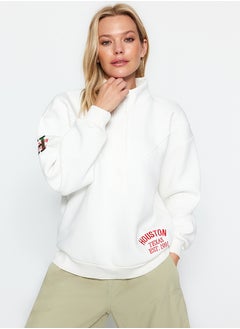 Buy Thick Inner Fleece Embroidery and Button Detail High Neck Oversize Knitted Sweatshirt in Egypt