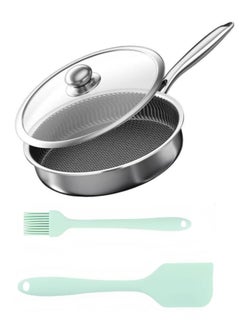 Buy Stainless Steel Frying Pan with Lid, Spatula and Brush, Honeycomb non-stick technology， non-stick frying pan household double-sided screen pan, Skillet, 28cm (/Induction/Gas/Electric Stove) in Saudi Arabia