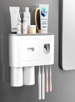 Buy Wall Mounted Multifunctional Toothbrush Holder with 2 Magnetic Cups Toothbrush Slots Toothpaste Dispenser Drawer Shelf Automatic Electric Toothpaste Squeezer for Bathroom Washroom in Saudi Arabia