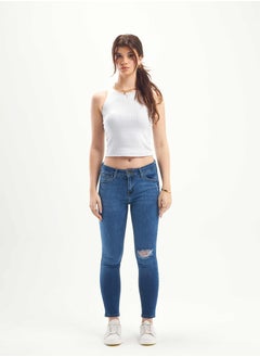 Buy Medium-Waist Dark Blue Shade Ripped Skinny Jeans. in Saudi Arabia