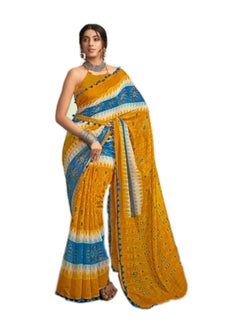 Buy Cotton MulMul Yellow Blue Printed And Stripe Saree With Unstitched Blouse in UAE