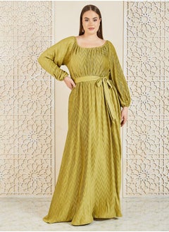 Buy Plus Satin Plisse Textured A-Line Maxi Dress with Self Tie Up in Saudi Arabia