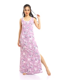 Buy Patterned Sleeves Long Nightgown with Side Slit-LIGT Purple in Egypt